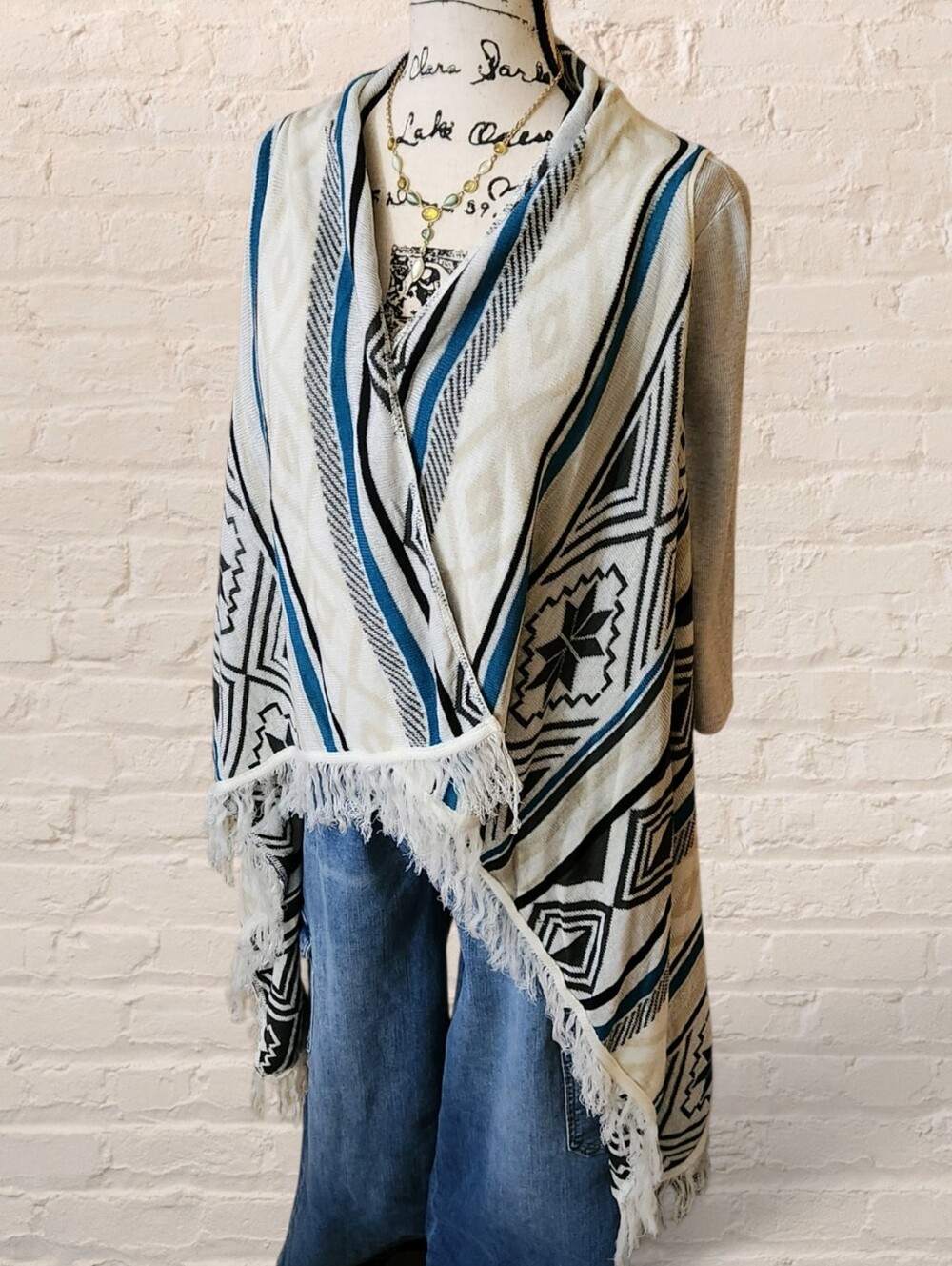 Copper Key Boho Southwestern Fair Isle Fringe Open Front Cardigan Vest M